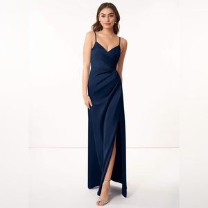 Azazie Maci Satin Floor-Length Bridesmaid Dress in dark navy, size 6